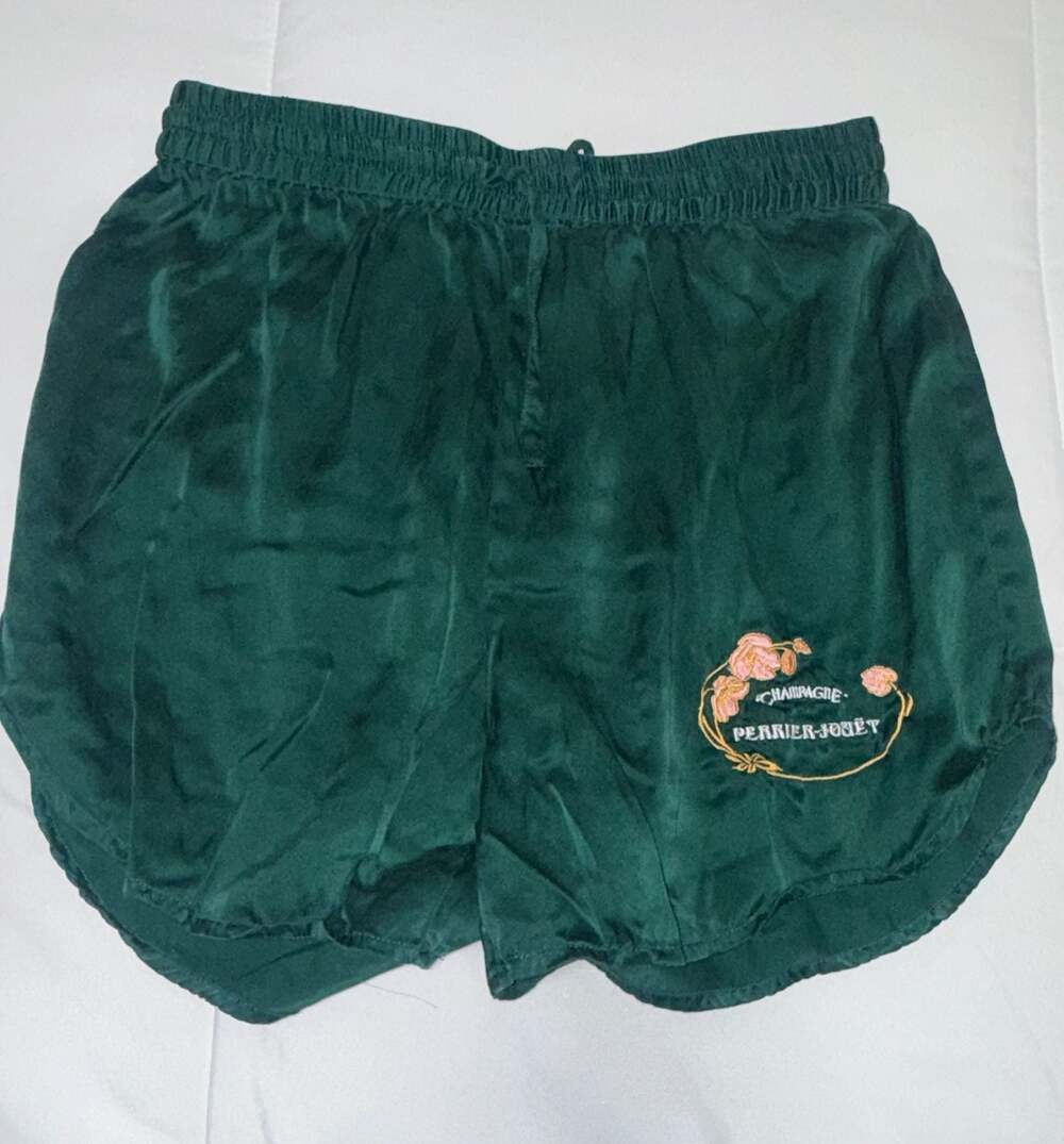 Vintage Perrier-Jouët Champagne Dark Green Embroidered Silk Sleep Shorts